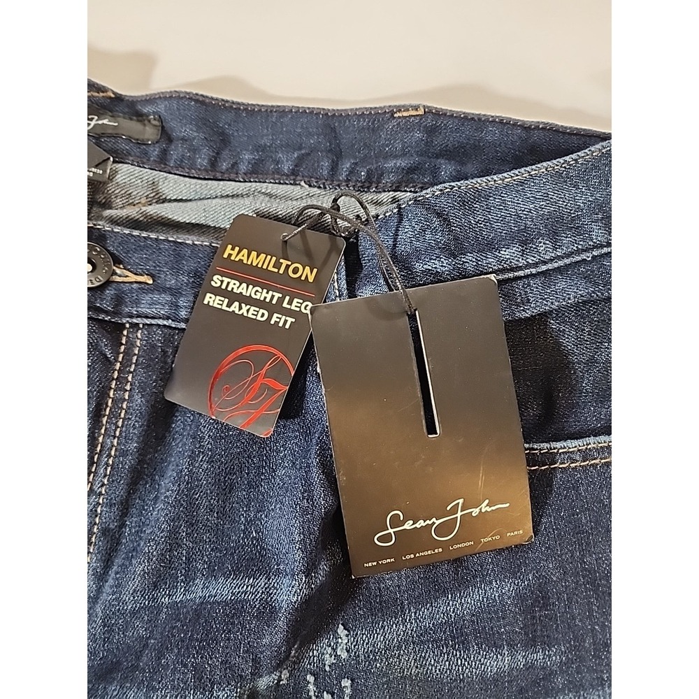 Sean John 40x33 Hamilton Distressed Jeans Zipper Pocket Detail Blue Relaxed Fit - Picture 5 of 12